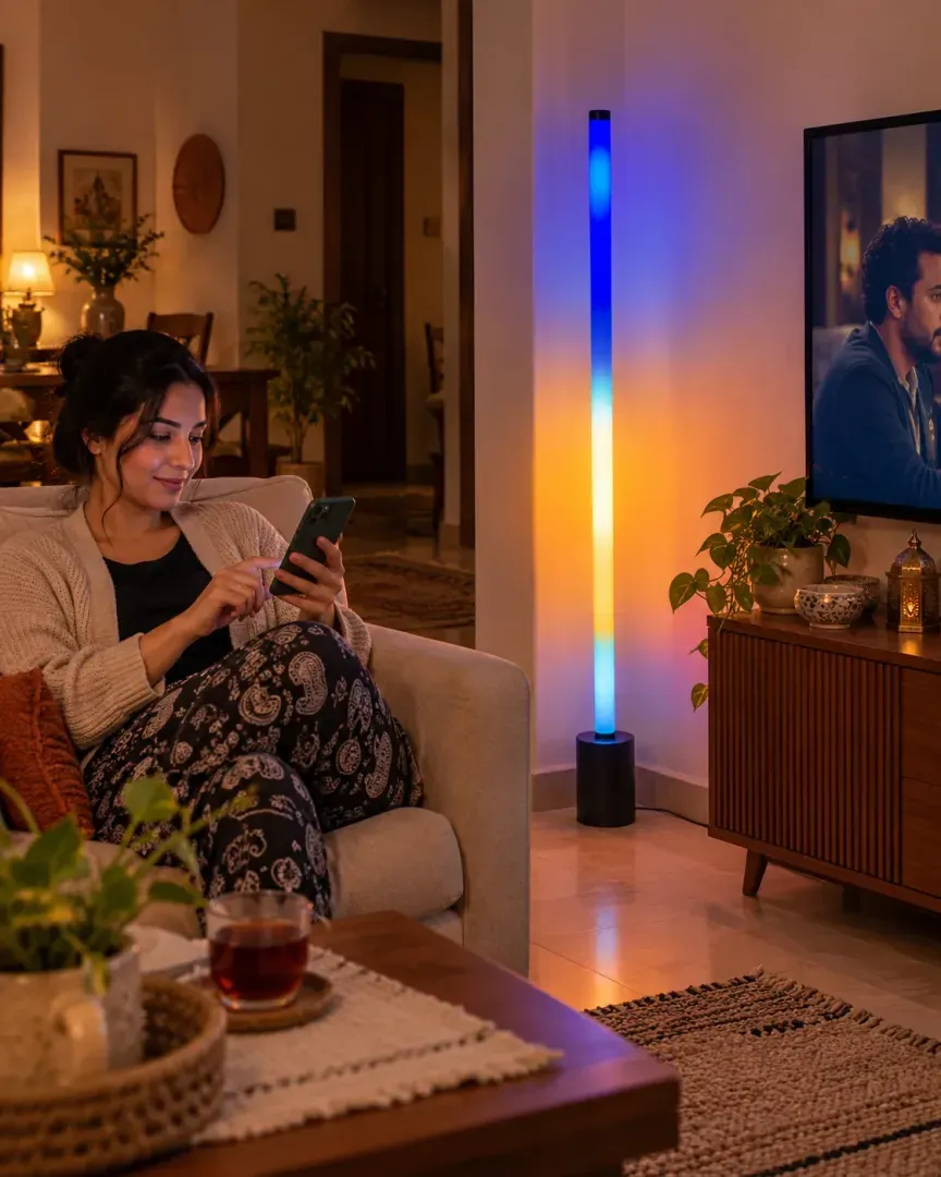سيدة تتحكم في الإضاءة من هاتفها واللمبة بجوار التلفزيون