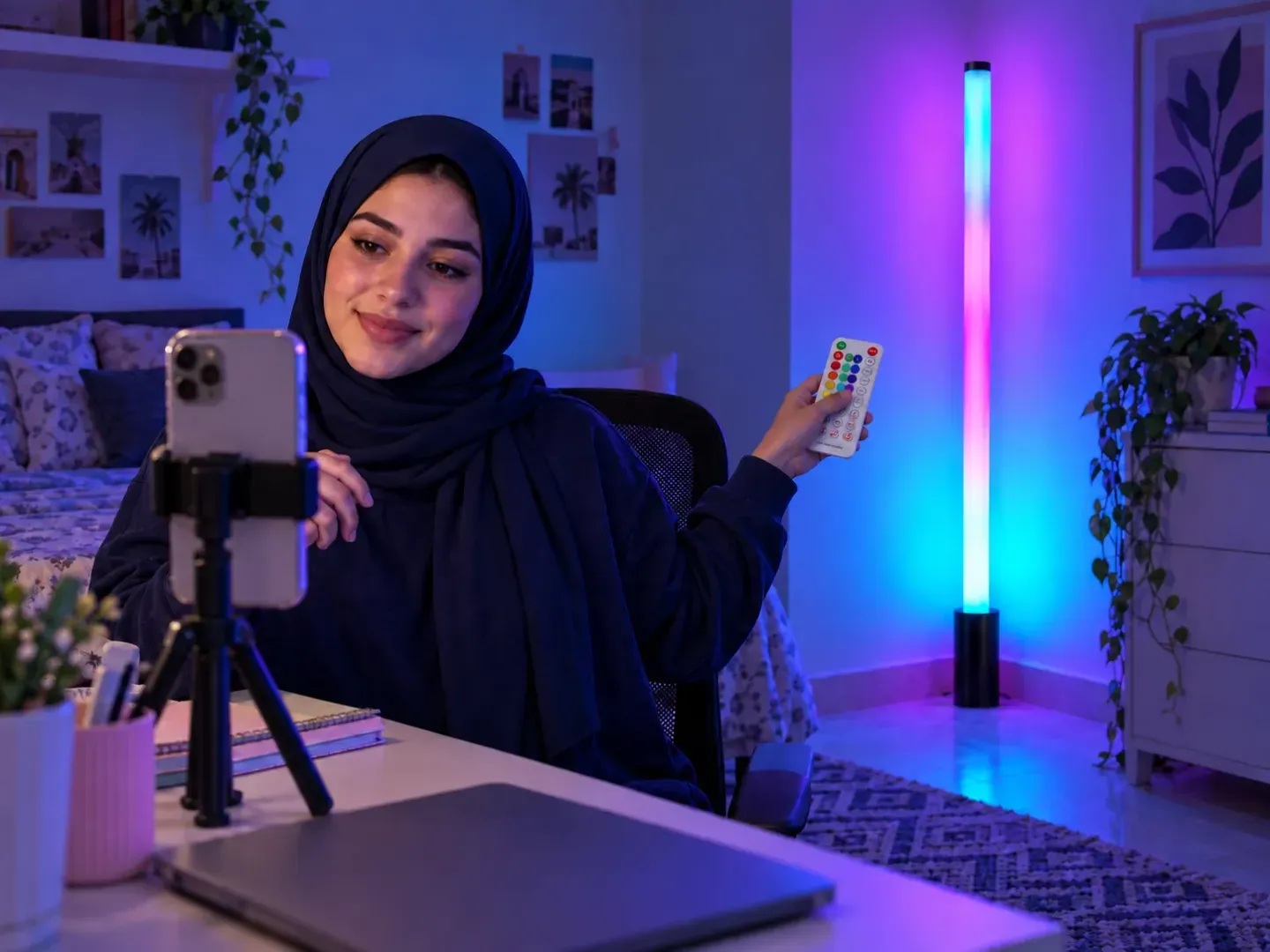 صانعة محتوى بملابس محتشمة تضبط إضاءة الخلفية قبل التسجيل بالريموت