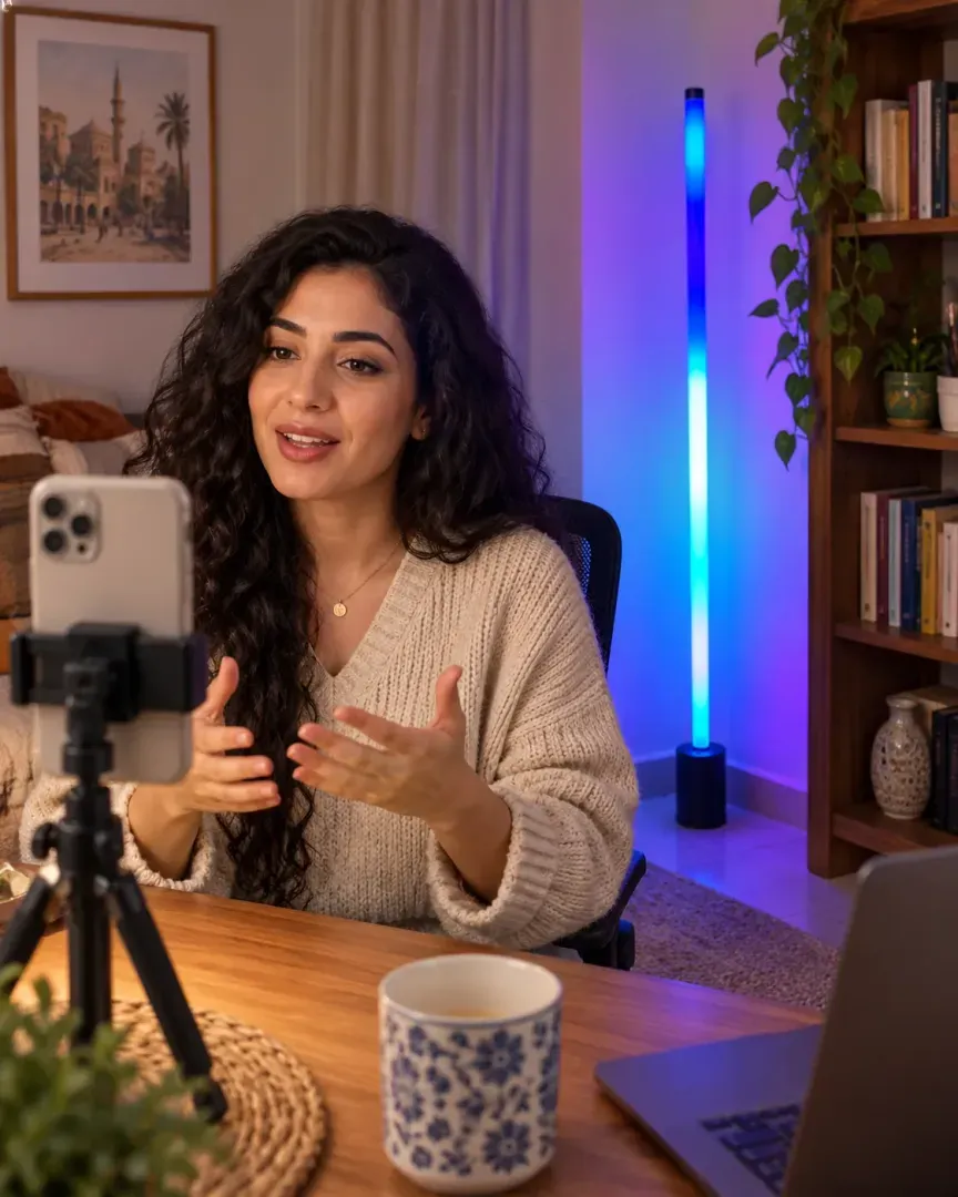 صانعة محتوى تصوّر فيديو واللمبة خلفها بجوار المكتبة