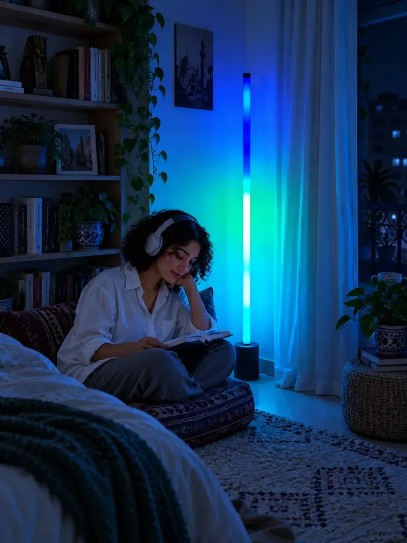 سيدة تقرأ بالليل جنب نور الركن الهادئ