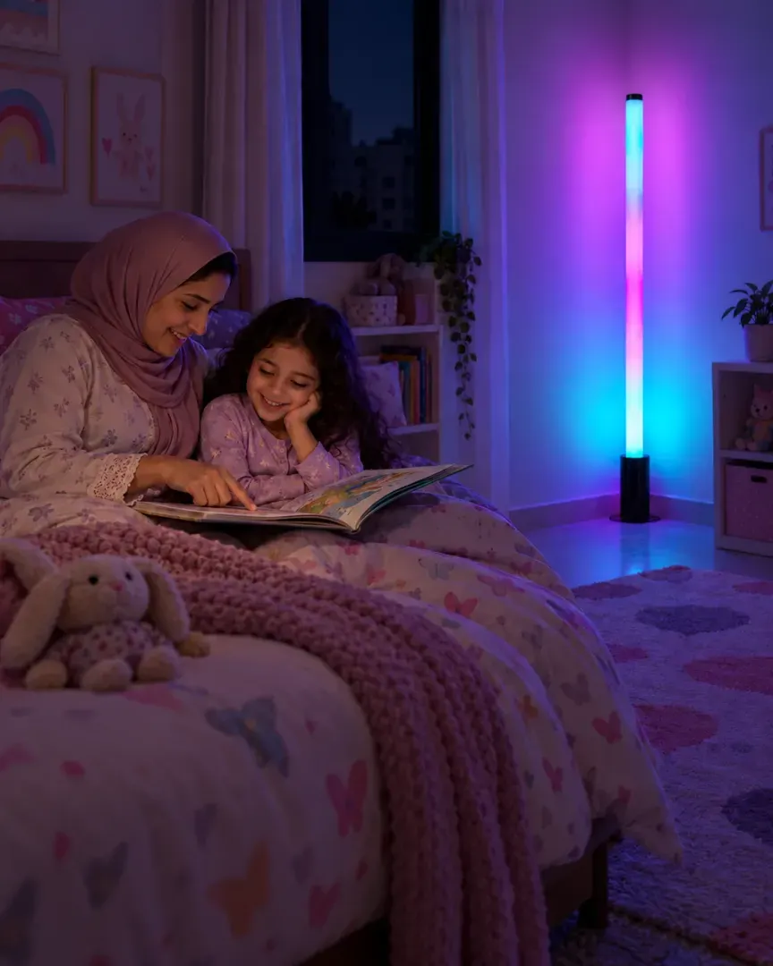 أم تقرأ قصة مع بنتها على السرير ولمبة الركن بعيدة عنهم